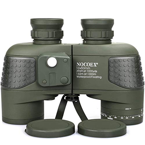 NOCOEX 10X50 Prismáticos Marinos para Adultos Impermeable con Brújula Brújula BAK4 a Prueba de Niebla Prism Lens Binocular Militar para Navegación Navegación Observación de Aves y Caza