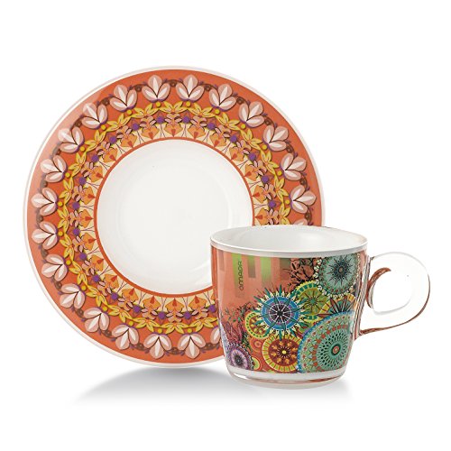 Omada design Set 4 tazas de café con platillo, capacidad 6 cl, en plástico irrompible, apto para lavavajillas, línea Plexart, varios patrones, para bares, restaurantes y particulares