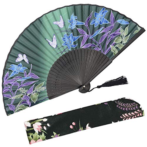 OMyTea - Abanicos de seda plegables con marco de bambú – con una funda de tela de protección para regalar – 100 % hechos a mano estilo retro, chino oriental/japonés, mariposas y luz de la mañana – para mujeres y niñas