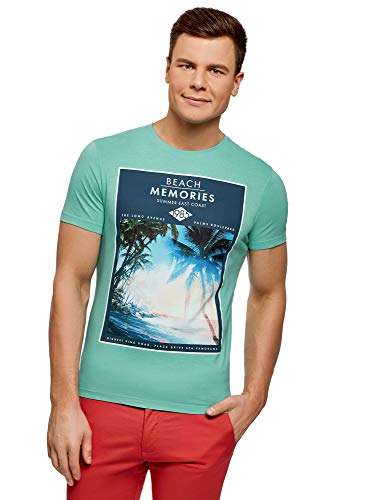 oodji Ultra Hombre Camiseta con Estampado de Verano, Verde, ES 46-48 / S