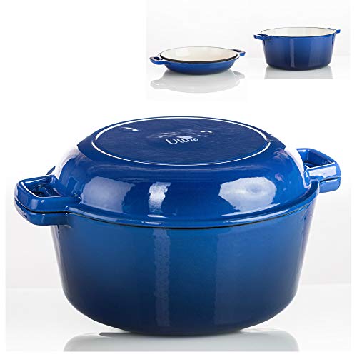 Ottia Olla 2 en 1 de hierro fundido con sartén, para inducción, esmaltada, redonda, 26 cm, 5,5 L, color azul