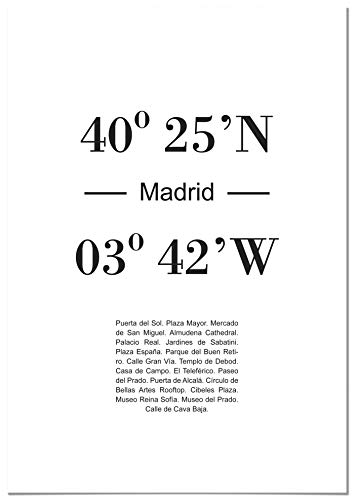 Panorama Lienzo Coordenadas Ciudad de Madrid 70 x 100 cm - Impreso en Lienzo Bastidor - Cuadros Decoración Salón - Cuadros Dormitorio - Cuadros Lienzos Decorativos - Cuadros Modernos