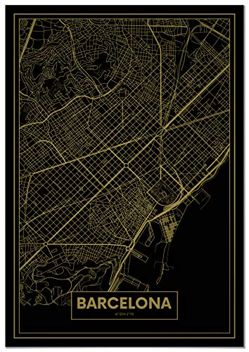 Panorama Lienzo Mapa Oro de Barcelona 70 x 100 cm - Impreso en Lienzo Bastidor - Cuadros Decoración Salón - Cuadros Dormitorio - Cuadros Lienzos Decorativos - Cuadros Modernos
