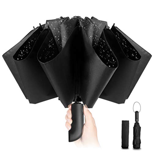 Paraguas plegable compacto – resistente al viento automático, color negro, se pliega hacia el interior, para hombre y mujer, 105 cm de ancho, 10 paraguas grande