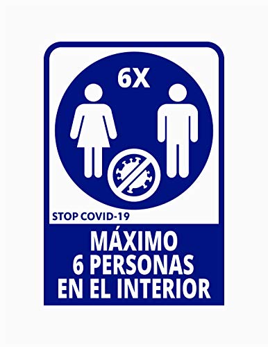 Pegatina Máximo 6 personas en el interior, 19.5 x 29cm, Prevención COVID-19, diseñado para empresas, como medida de protección contra el Coronavirus - Cartel prevención (Azul Oscuro)