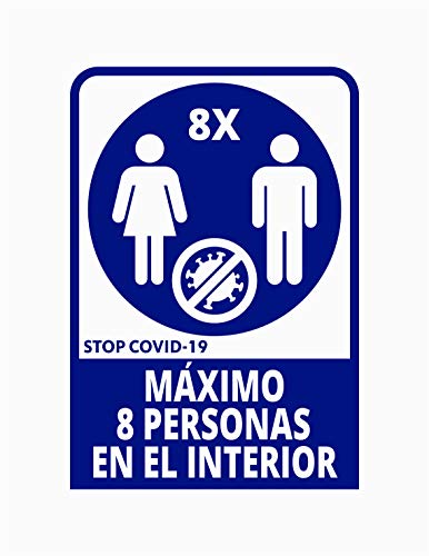 Pegatina Máximo 8 personas en el interior, 19.5 x 29cm, Prevención COVID-19, diseñado para empresas, como medida de protección contra el Coronavirus - Cartel prevención (Azul Oscuro)