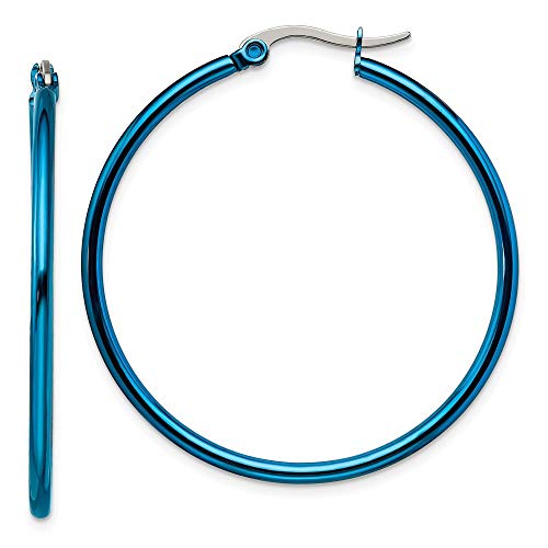 Pendientes de aro de acero inoxidable pulido con bisagras, chapado en IP, color azul, 42 mm, joyería de regalo para mujeres Pendientes de aro de acero inoxidable pulido con bisagras, chapado en IP, color azul, 42 mm, joyería de regalo para mujeres