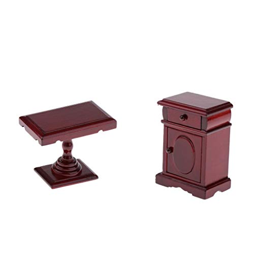 perfeclan Mini Modelo de Mesita de Noche +Mesa de Café, Estilo Antiguo, Mueble de Madera, para Casa de Muñecas en Miniatura 1:12