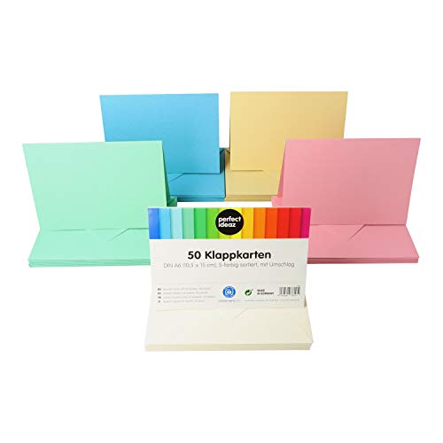 perfect ideaz 50 tarjetas plegables de colores DIN A6 con sobres (11 x 15,5 cm), elaboradas de forma sostenible en Alemania, tarjeta doble en 5 colores pastel, set en blanco, para manualidades