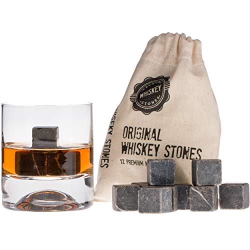 Piedras de Whiskey Premium, 12pzas de Mármol y Bolsa. Whiskey, Bourbon, Cognac, Scotch, Gin, Vino. Cubos de Mármol Reutilizables. Regalo de Cumpleaños para Amantes del Whiskey.