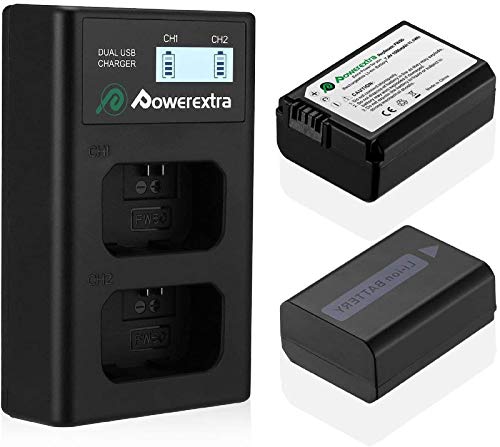 Powerextra Cargador con 2 baterías de repuesto de 1500 mAh, doble cargador y batería cargador LCD doble para Alpha a6500 a6300 a6000 a7s a7 a7s II a7s a51000 a5000 a7r a7 II