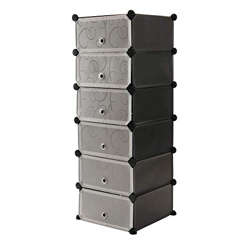 PrimeMatik - Armario Organizador Modular Estanterías de 6 Cubos de 17x35cm plástico Negro con Puertas y Dibujado