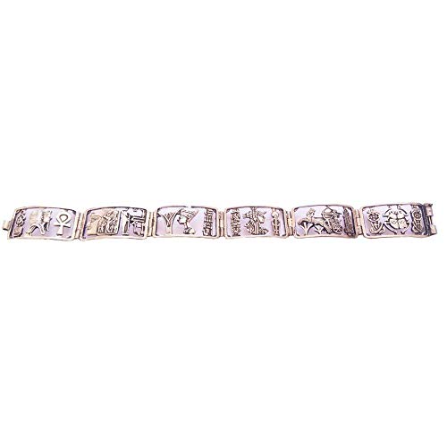 Pulsera de plata hecha en Egipto. Mide de largo 19 cm y alto 2 cm. Lleva motivos del Antiguo Egipto como la lllave de la vida, el escarabajo de la suerte, Tut Ank Amón, Cleopatra, Nefertiti y Ramsés I Pulsera de plata hecha en Egipto. Mide de largo 19 cm y alto 2 cm. Lleva motivos del Antiguo Egipto como la lllave de la vida, el escarabajo de la suerte, Tut Ank Amón, Cleopatra, Nefertiti y Ramsés I