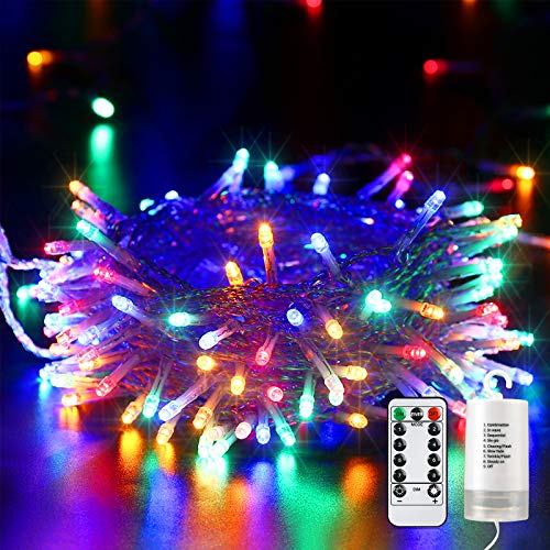 Qedertek Luces de Navidad Exterior, Guirnalda Luces 10M 100 LED, Cadena de Luces Pilas (no incluido), Luces de Hada para Decoracion Navidad, Luces Colores de Arbol de Navidad, Patios, Jardines, Café