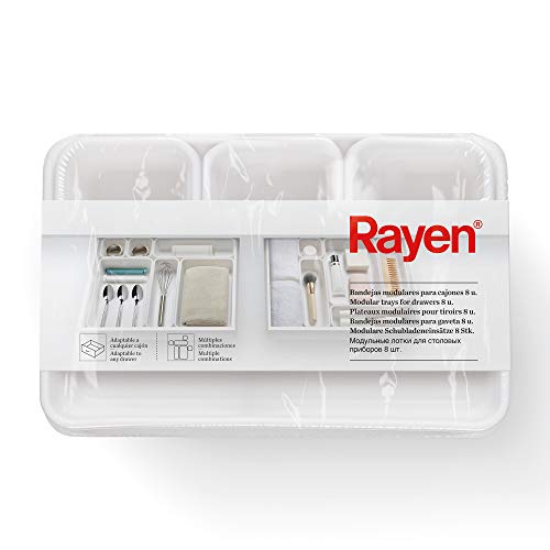 Rayen Bandejas modulares para cajones 8 u, Blanco, Medidas: 3 uds.: 8 x 7,5 x 4,5 cm. / 3 uds.: 23,3 x 8 x 4,5 cm. / 2 uds.: 23,5 x 16 x 4,5 cm