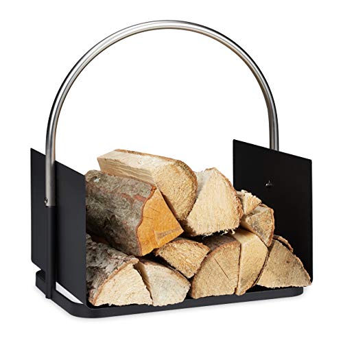Relaxdays Cesta para leña, metal, mango niquelado, cesta interior para leña, soporte para madera, 43,5 x 40,5 x 30 cm, color negro Relaxdays Cesta para leña, metal, mango niquelado, cesta interior para leña, soporte para madera, 43,5 x 40,5 x 30 cm, color negro