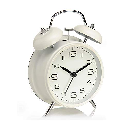 Reloj Despertador de Doble Campanas con luz Nocturna, Gran Esfera de 4 Pulgadas, Vintage Despertadores de Mesita Relojes, Sin Tictac, Silencioso, Timbre de Alarma Retro (Blanco)