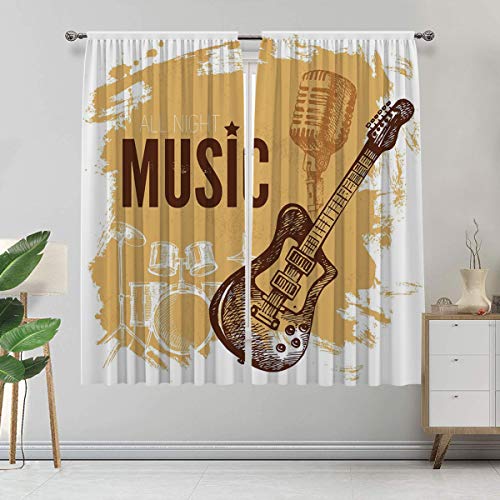 Rock Music - Cortinas de dibujo vintage y dibujo a mano con patrón de micrófono, cortinas abstractas para dormitorio, 2 paneles, cada panel de 122 cm de ancho x 223 cm de largo, color marrón claro