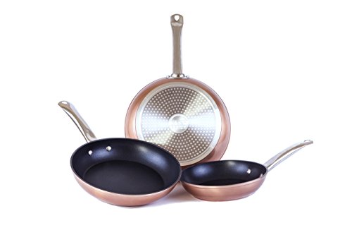 Set de 3 sartenes de aluminio cobre metalizado con revestimiento antiadherente y mango de acero inoxidable, Medidas 20-24-28 cm. Para todo tipo de cocina, SET VICKY by Cloen. Set de 3 sartenes de aluminio cobre metalizado con revestimiento antiadherente y mango de acero inoxidable, Medidas 20-24-28 cm. Para todo tipo de cocina, SET VICKY by Cloen.