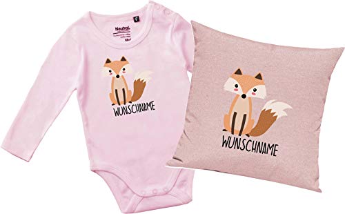 Set de regalo para bebé con diseño de zorro y nombre personalizado Cojín y cuerpo rosa 74 9 mes