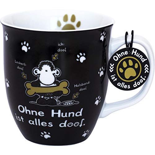 sheepworld Die Geschenkewelt 45704 - Taza de porcelana, diseño de sheepworld con texto en alemán "Ohne Hund ist alles doof", 40 cl, con etiqueta de regalo, color blanco y negro