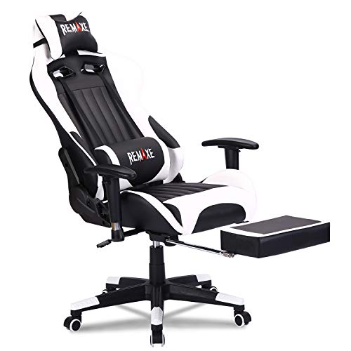 Silla ergonómica para juegos con reposacabezas y soporte lumbar para masaje, altura ajustable en altura, con reposapiés retráctil. Silla reclinable de cuero para oficina ejecutiva Silla ergonómica para juegos con reposacabezas y soporte lumbar para masaje, altura ajustable en altura, con reposapiés retráctil. Silla reclinable de cuero para oficina ejecutiva