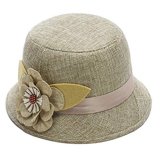 Sombrero para El Sol Nuevo Elegante Color Sólido Mujeres Cinta Floral Lino Bombín Sombrero para El Sol Sombreros Fedoras Gorra De Cubo De Color Caqui