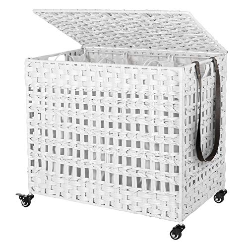 SONGMICS Cesta de Lavandería Tejida a Mano, Cesta de Lavandería, Estilo Ratán con 3 Compartimentos Separados, Tapa, Asas, Bolsas Extraíbles, para Sala de Estar, Baño, Lavandería, Blanco LCB083W01 SONGMICS Cesta de Lavandería Tejida a Mano, Cesta de Lavandería, Estilo Ratán con 3 Compartimentos Separados, Tapa, Asas, Bolsas Extraíbles, para Sala de Estar, Baño, Lavandería, Blanco LCB083W01