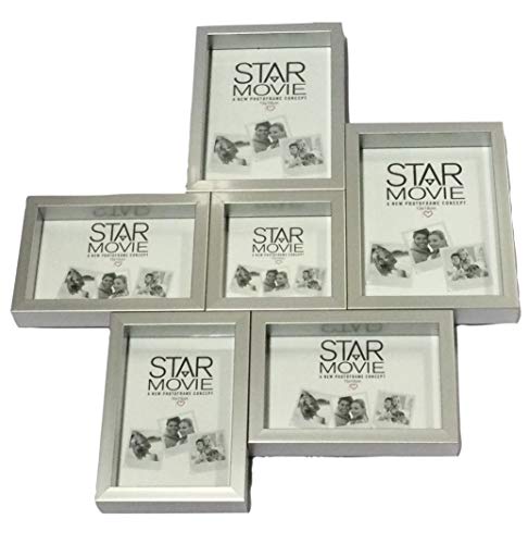 Star Movie - Portafotos múltiple de pared, marco de fotos de pared, color aluminio gris, 6 espacios medidas (3 10 x 15), (2 13 x 18), (1 10 x 10) 50 x 45 x 3 cm