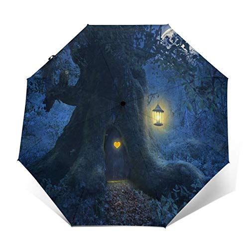 SUHETI Paraguas automático de Apertura/Cierre,Noche mágica con casa en el Tronco del Antiguo árbol Encantado,Paraguas pequeño Plegable a Prueba de Viento