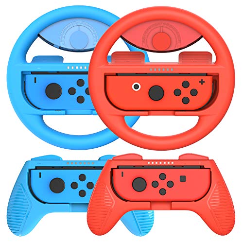 Switch Volante y Grip para Nintendo Switch, Volante Nintendo Switch, Agarres Para Manos para Mario Kart Juegos/Nintendo Switch Joy-Con Mandos, Kits de accesorios para Nintendo Switch pack de 4, Rojo