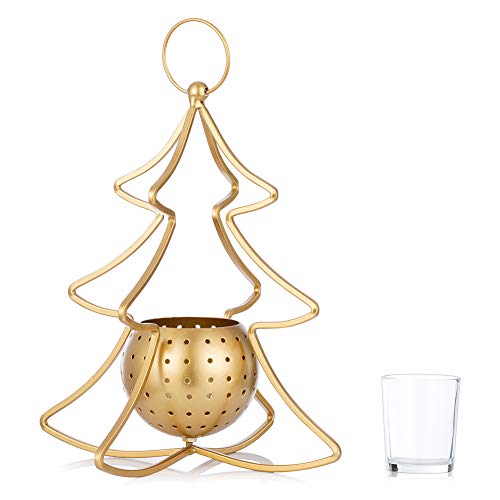 Sziqiqi Portavelas Navideño de 28cm con luz de Té, Candelabro con Diseño de Árbol de Navidad para Colgar o Sobremesa, Candelabro para Velas de Mesa, Centro de Mesa, Manto, Decoración de Chimenea