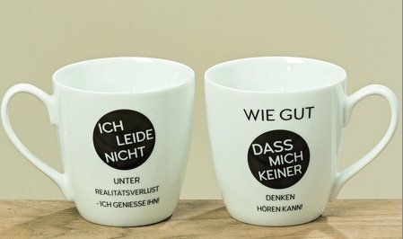 Taza de cafe grande con asa de Porcelana Blanca con texto en Alemán "Dass mich keiner" 400ml