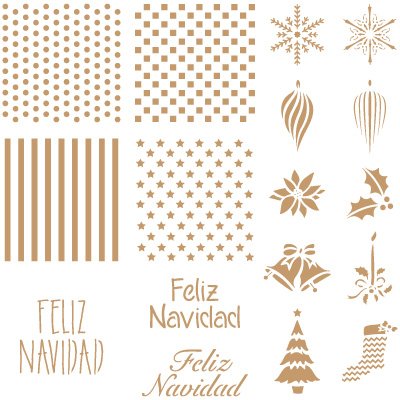 TODO-STENCIL Deco Fiesta 035 Fondos + Feliz Navidad Medidas aproximadas: Medida Exterior 20 x 20 cm Medida del diseño: 16 x 16 cm