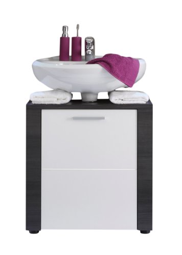 trendteam smart living Armario bajo de lavabo para baño Xpress, 60 x 62 x 35 cm, con cuerpo y paneles delanteros en fresno gris (imitación), parte delantera blanca, abundante espacio de almacenamiento