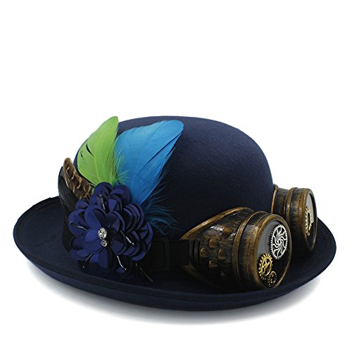 U/D Sombreros Trabajo Hecho a Mano Mujeres Hombres Steampunk Bowler Hat con Gafas Gafas Cosplay Party Hat Felt Hat Lhzus (Color : Azul Oscuro, Size : 58CM)