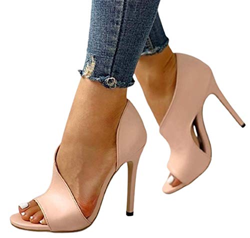 UMOOIN Sandalias para Mujer 2021 Verano Abre Toe Stiletto Tacones Altos Sandalias Pescado Boca Moda Boda Shoes,Rosado,37