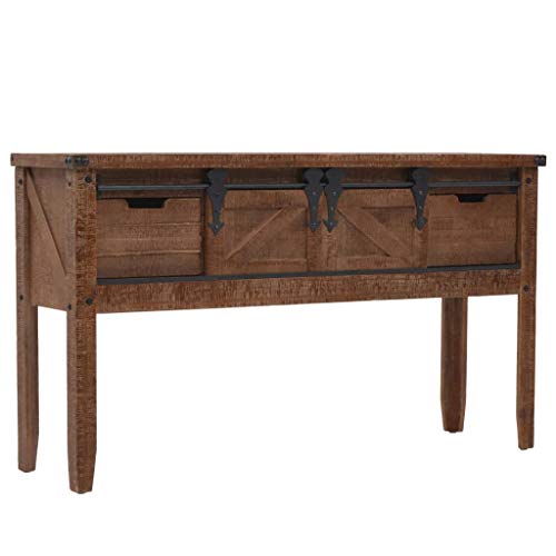 UnfadeMemory Mesa Consola Recibidor de Entrada,Mesa Alta Cocina,Mesa de Entrada,Mueble Auxiliar,Estilo Rústico y Vintage,con 2 Cajones y 2 Compartimentos,Madera Maciza de Abeto,131x35,5x75cm Marrón