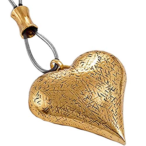 Unique Gifts On The Web Collar grande de gran tamaño con forma de corazón con textura de color dorado bruñido, cordón de cuero gris, 95 cm de largo