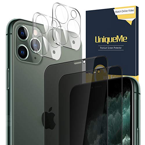 UniqueMe [2 Pack] Intimidad Protector de Pantalla + [2 Pack] Protector de Lente de cámara para iPhone 11 Pro 5.8 Pulgadas, [Anti Voyeur] Vidrio Templado [9H Dureza] HD Film Cristal Templado