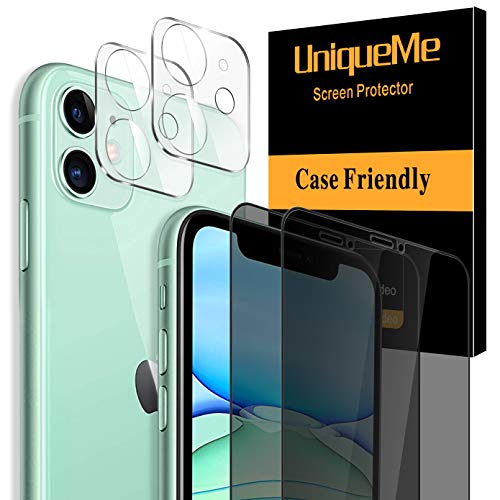 UniqueMe Compatible con iPhone 11 (6.1") [2 Pack] Protector de Pantalla de Privacidad y [2 Pack] Protector de lente de cámara,Anti Spy[Sin Burbujas] Cristal Vidrio Templado