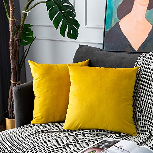 UPOPO Juego de 2 fundas de cojín de terciopelo, decorativas de un solo color, para sofá, dormitorio, salón, con cremalleras, 55 x 55 cm, color amarillo limón