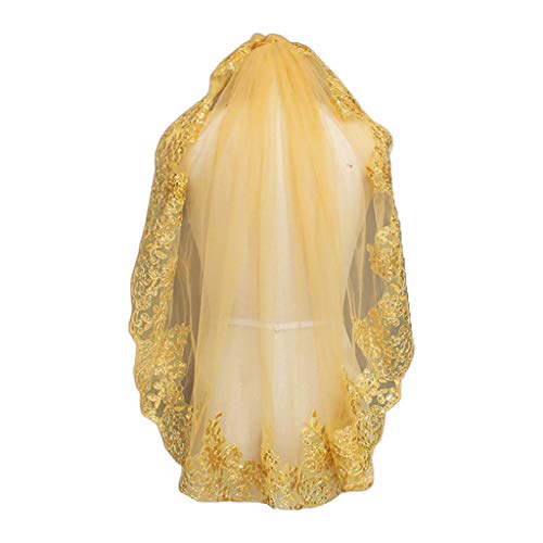 VAILANG Mujeres Malla Suave Lentejuelas Doradas metálicas Encaje Bordado Mantilla Vintage Velo de Novia Cubriendo la Cabeza con Traje de Fiesta de Peine VAILANG Mujeres Malla Suave Lentejuelas Doradas metálicas Encaje Bordado Mantilla Vintage Velo de Novia Cubriendo la Cabeza con Traje de Fiesta de Peine