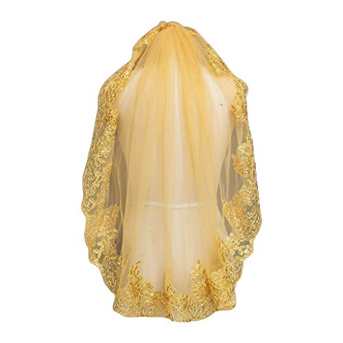 VAILANG Mujeres Malla Suave Lentejuelas Doradas metálicas Encaje Bordado Mantilla Vintage Velo de Novia Cubriendo la Cabeza con Traje de Fiesta de Peine