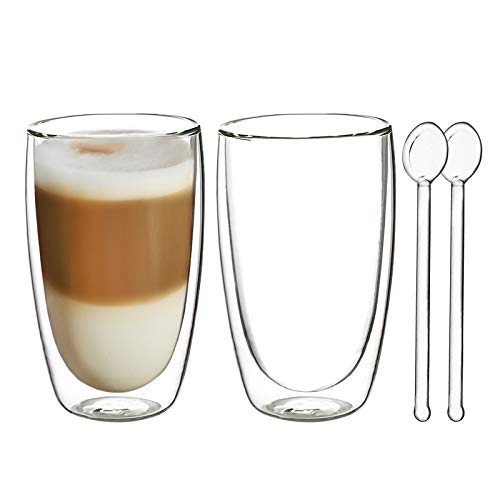 Vasos de Café de Doble Pared Juego de 2-400ml Vasos de Vidrio Borosilicato para Té, Latte, Leche, Cappuccino, Jugo - 2 Cuchara de Vidrio Gratis
