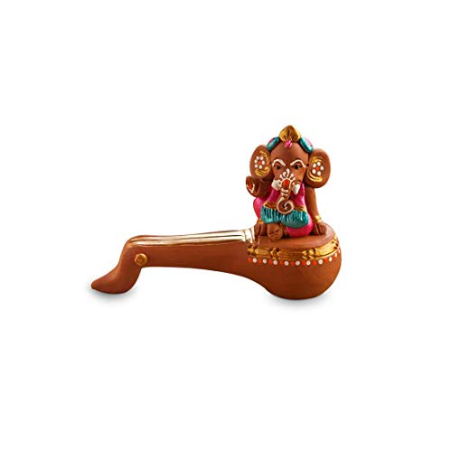 VintFlea Figuras pintadas a mano de terracota Veena Ganesha - Ganesha Ídolos regalo decoración del hogar escaparate (5.6 x 2.7 pulgadas)
