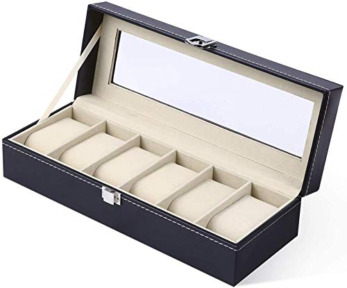 WANZSC Caja de almacenamiento de reloj de cuero con ranuras de 3/6/10 para hombre, caja de regalo negra para joyas