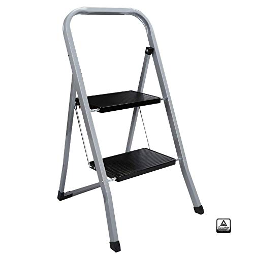 Wolketon - Escalera plegable de seguridad con 2 peldaños y peldaños grandes, soporta hasta 150 kg, ideal para casa, cocina, garaje