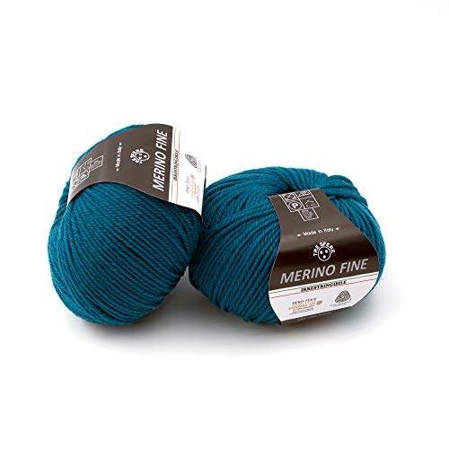 Woolmark® - Juego de 2 ovillos de lana de merino extrafinos, color azul petróleo, verde o burdeos, 50 g en 125 m 4-4,5, lana virgen ecológica Öko-Tex® (juego de 2 unidades azul)