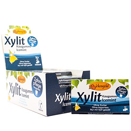 Xylitol Goma de mascar icemint, chicles dentales, 100% sin azúcar, caja de 24 blisters (12 piezas por blister), sin aspartamo, vegetariana, amigable con los dientes